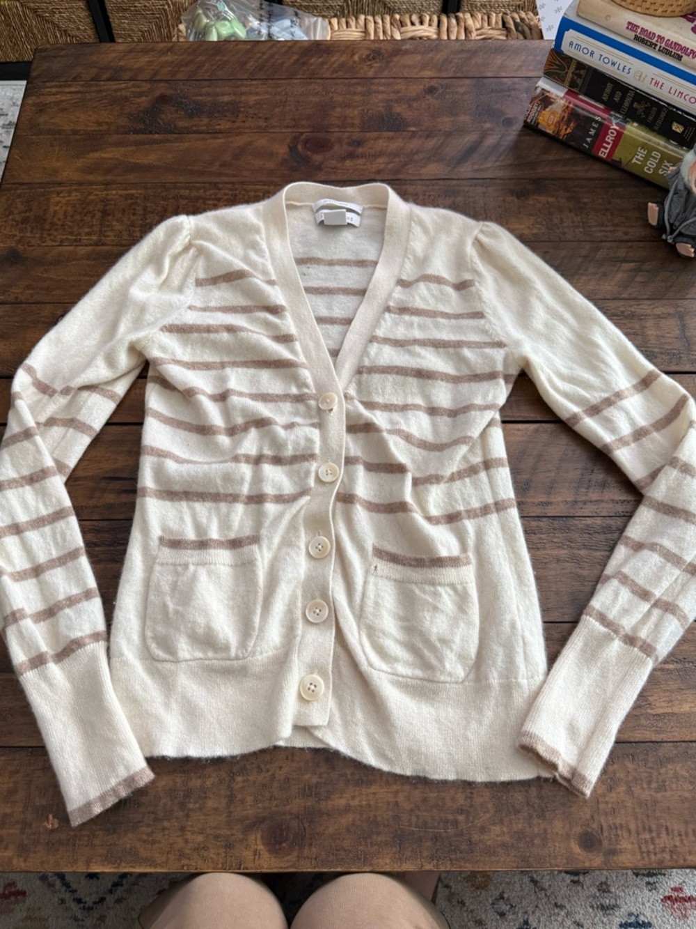 Sz Sm Nordstrom 100% Cashmere Cream Stripe Button-Front Women's Cardigan Sweater